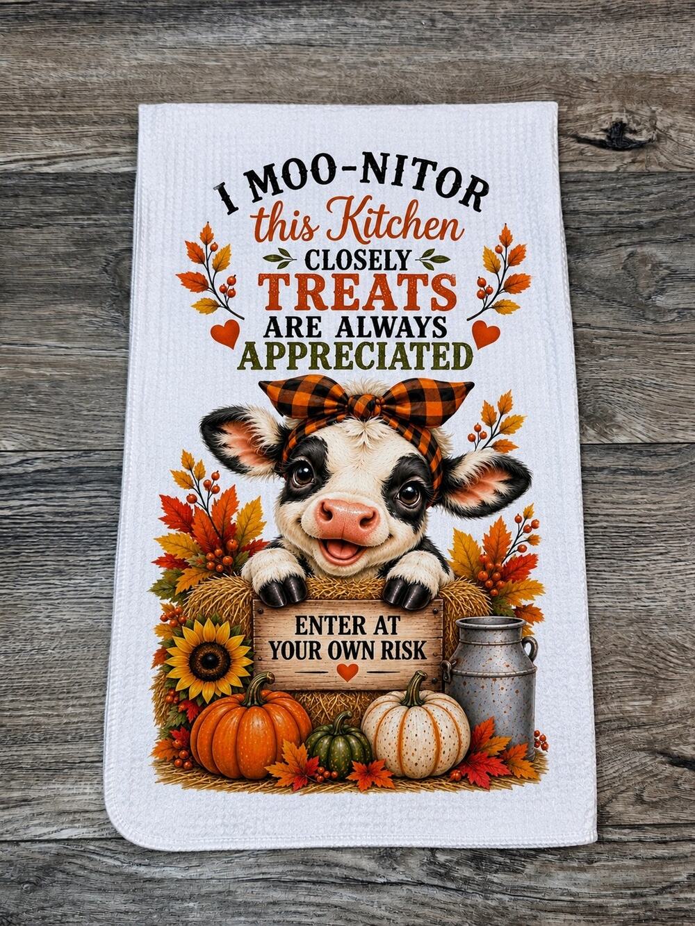 Fall Cow Kitchen Towel Funny Moo-Nitor Treats Farmhouse Autumn Decor